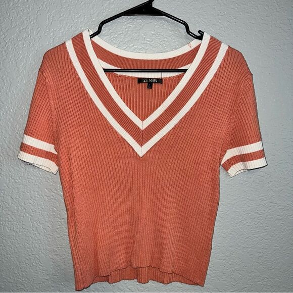 21 Main Womens V-Neck Short Sleeve Knitted Rib Pullover Cropped Top Orange Large - Picture 1 of 6